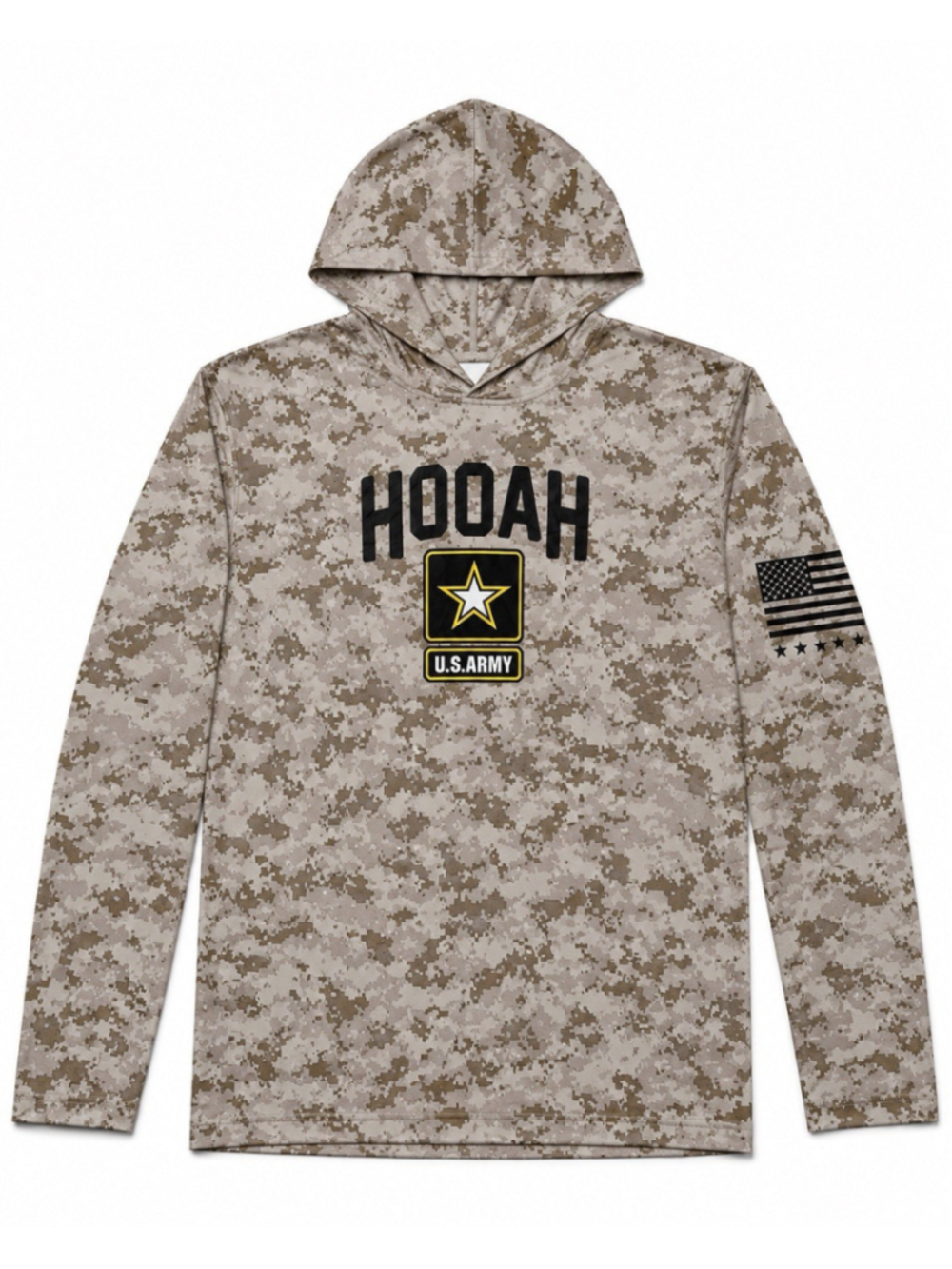 US Army Hoodie Hooah Men’s Large Desert Digital Camo Hooded Shirt Lightweight